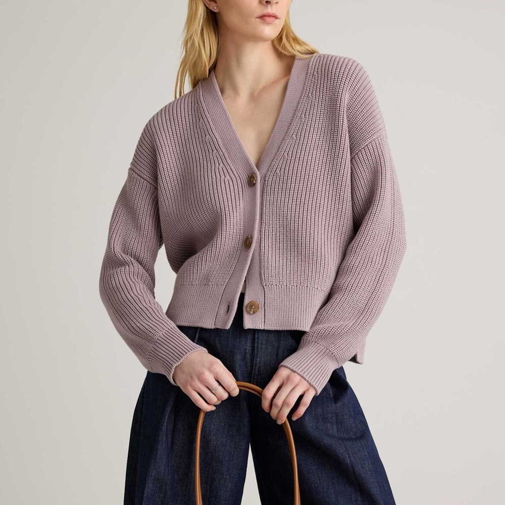 Quince 100% Organic Cotton Fisherman Boxy Cropped Cardigan in Vintage Rose